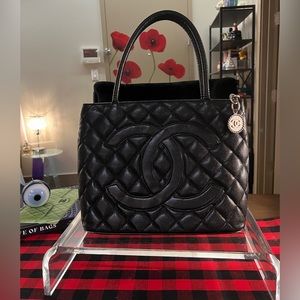 100% Authentic CHANEL Medallion Tote in Black Caviar Leather w/ Silver Hardware